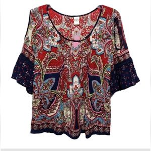 Bila Boho Peasant Top Blue Red Rayon Bell Sleeve Crochet Trim Size Large